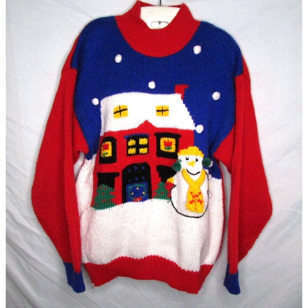 Karen Scott Holiday Sweater Pullover Snowman Embellished Size Med Vintage 1980s